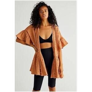 Free People Women’s Sz L Orange Oversized Tunic Dress Smocked Ruffle Keylani